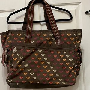 Roxy Y2K Vintage Brown Tote with Colorful Heart Pattern